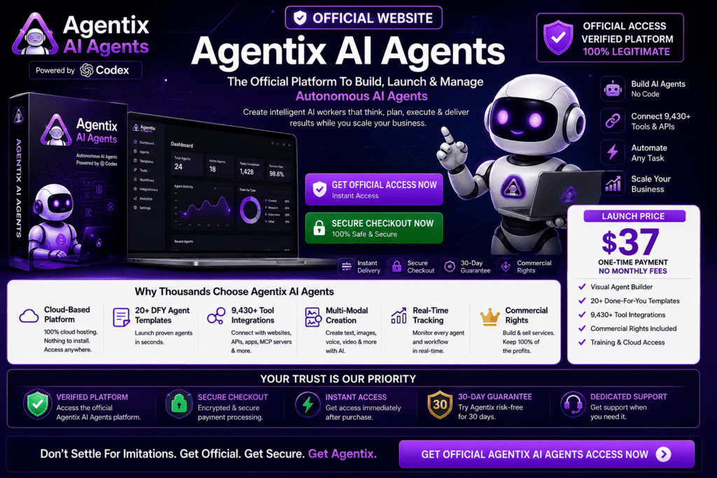 Agentix AI Agents official website banner showing verified platform access, secure checkout, instant delivery, enterprise cloud dashboard, autonomous AI workers, 9,430+ tool integrations, and OpenAI Codex powered business automation.